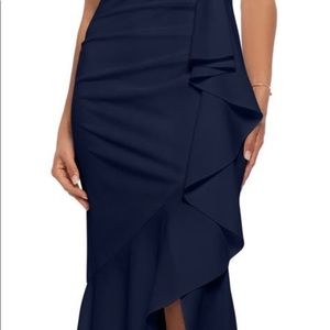 Betsy and Adam V-neck Cascade Ruffle High Low Gown. Size 4 Petite. Color Navy.